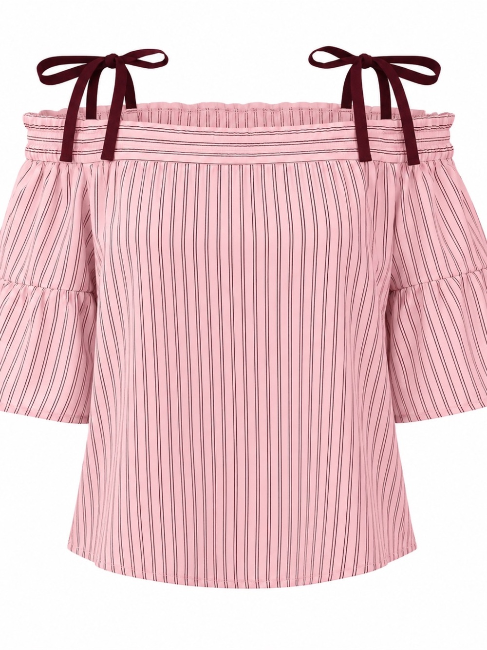 New York & Company Pink Striped Off-Shoulder Blouse with Burgundy Ties